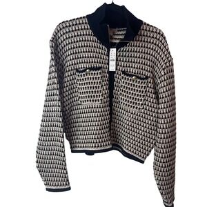 NEW J.Crew Houndstooth Knit Zip Front Cropped Jacket Gold Button Pockets Size M‎